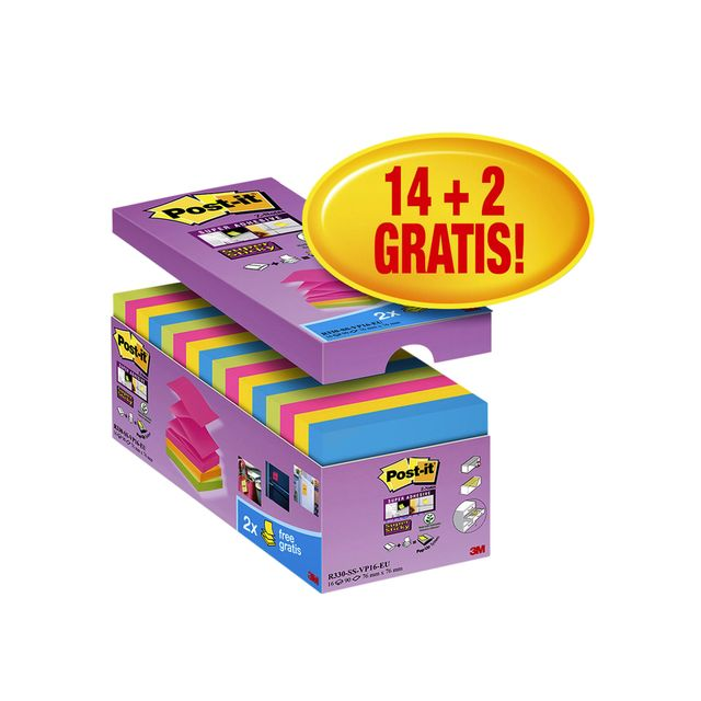 Memoblok Post-it Z-Note S330-16 76x76mm Super Sticky 14+2 Assorti kleuren