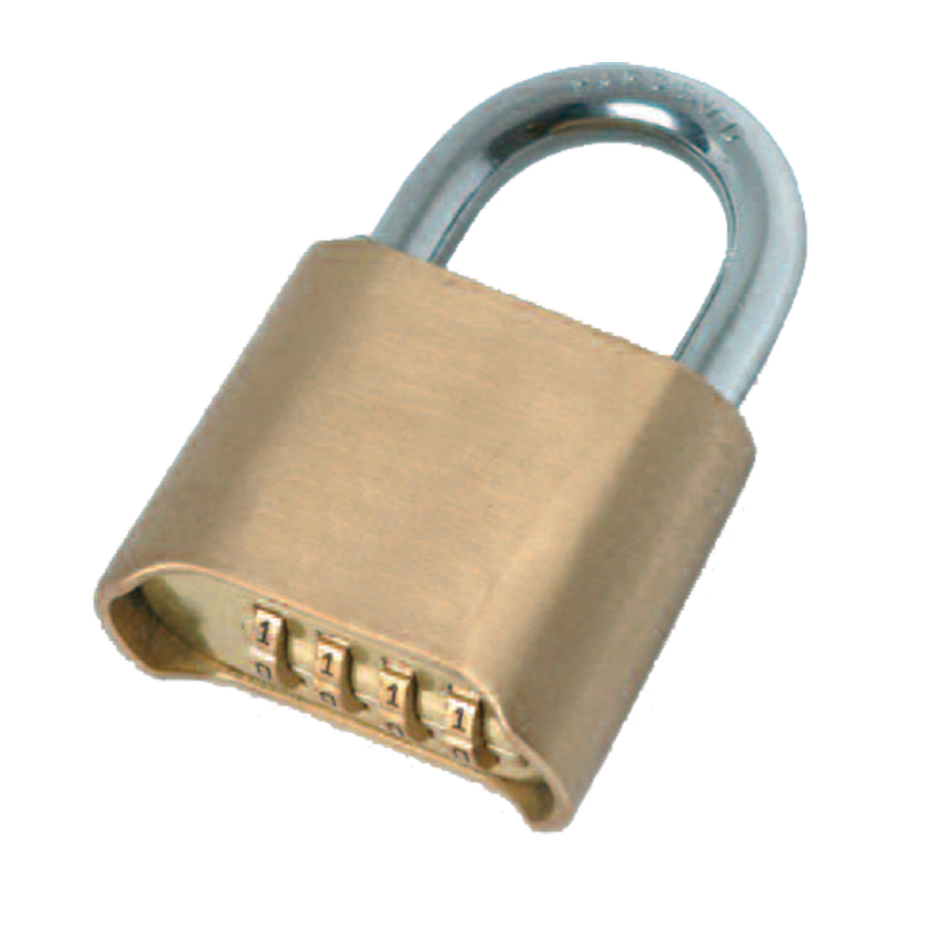[PMCADABU.042] HANGSLOT MET HERCODEERBARE CIJFERCOMBINA TIE - MESSING - 4-CIJFERROLLEN - 50 MM